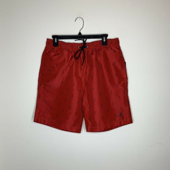 Nautica Mens M Red W/ Anchors Swim Trunks - Picture 1 of 8